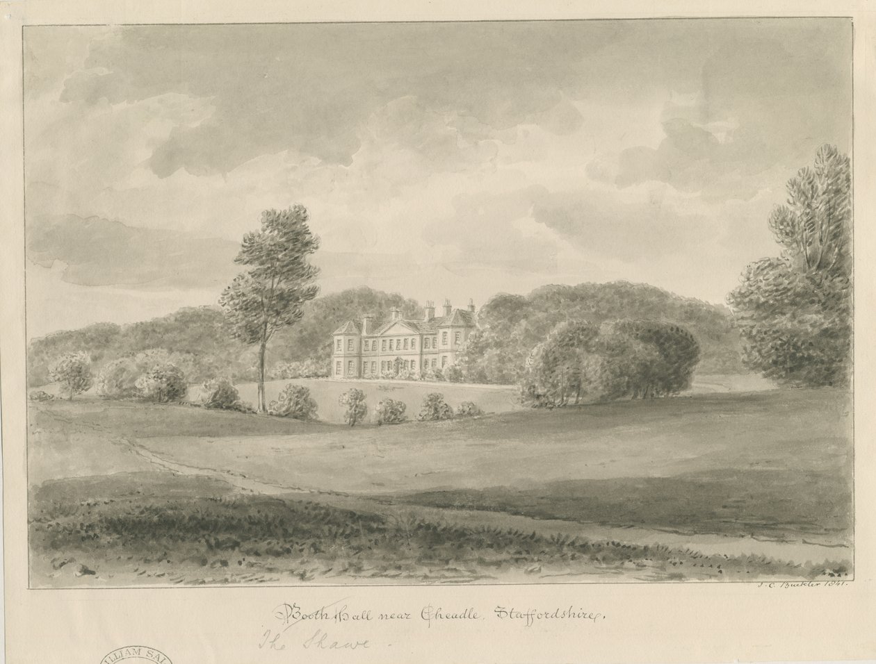 Cheadle - Booth Hall ("The Shawe"): seepiapesupiirustus tekijältä John Chessell Buckler