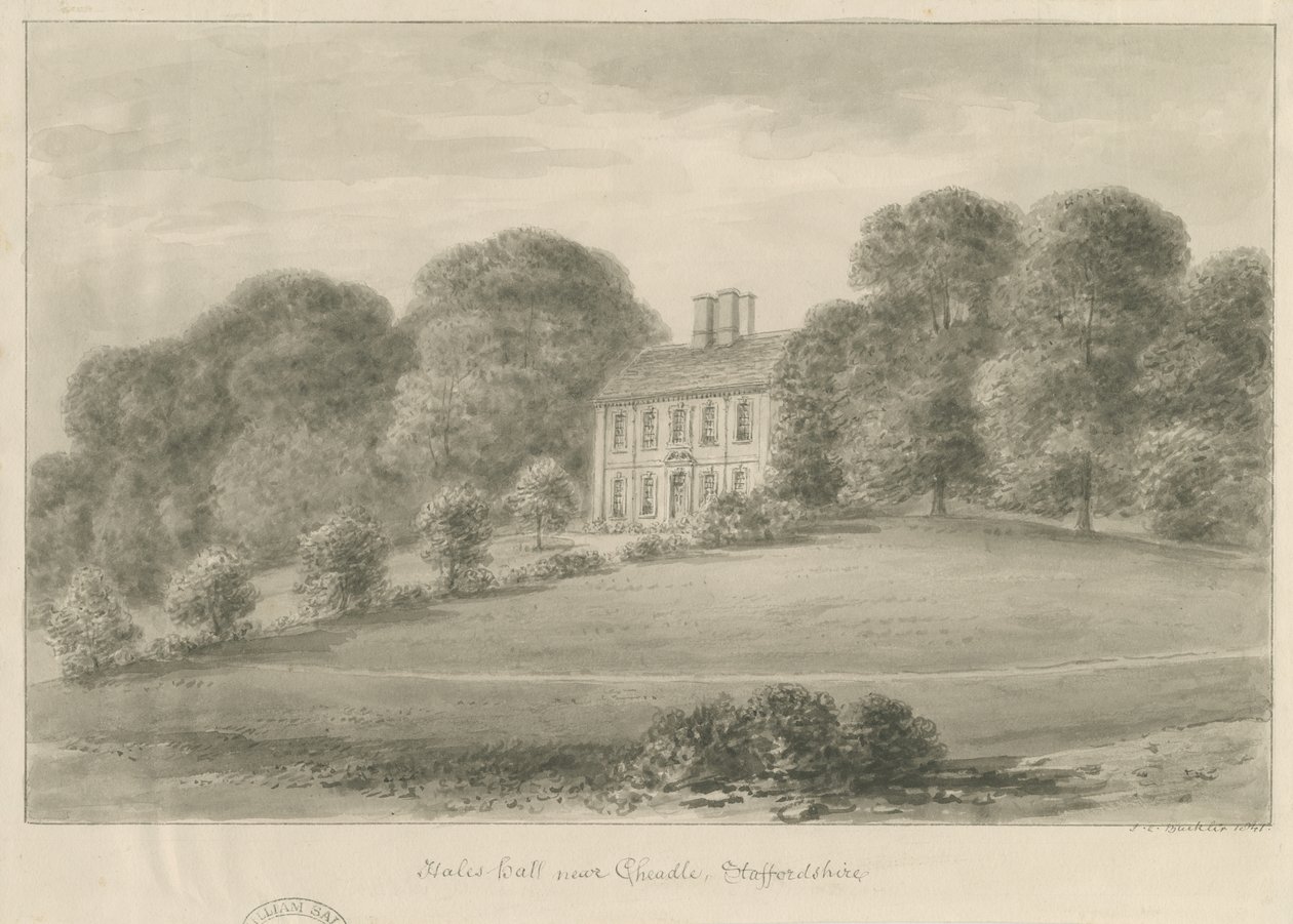 Cheadle - Hales Hall: seepiapesupiirustus, 1841 tekijältä John Chessell Buckler