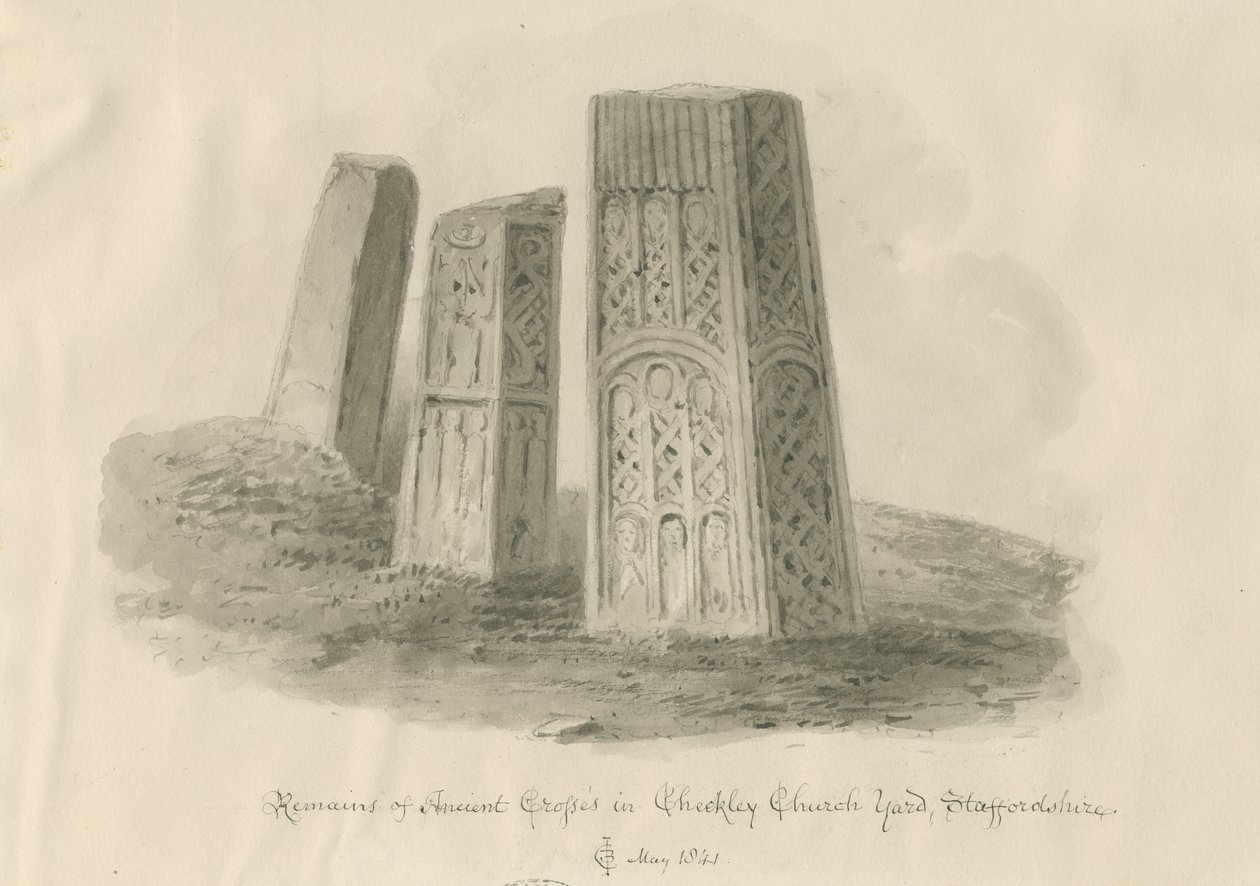 Checkley Church - Muinaiset ristit: seepiapiirustus tekijältä John Chessell Buckler