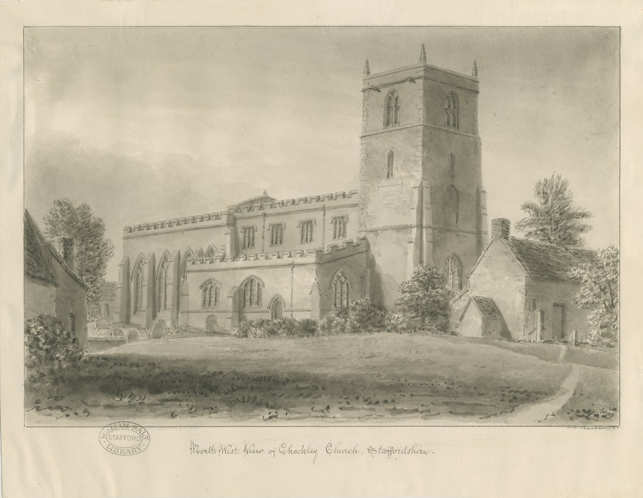 Checkley Church: seepiapiirustus tekijältä John Chessell Buckler