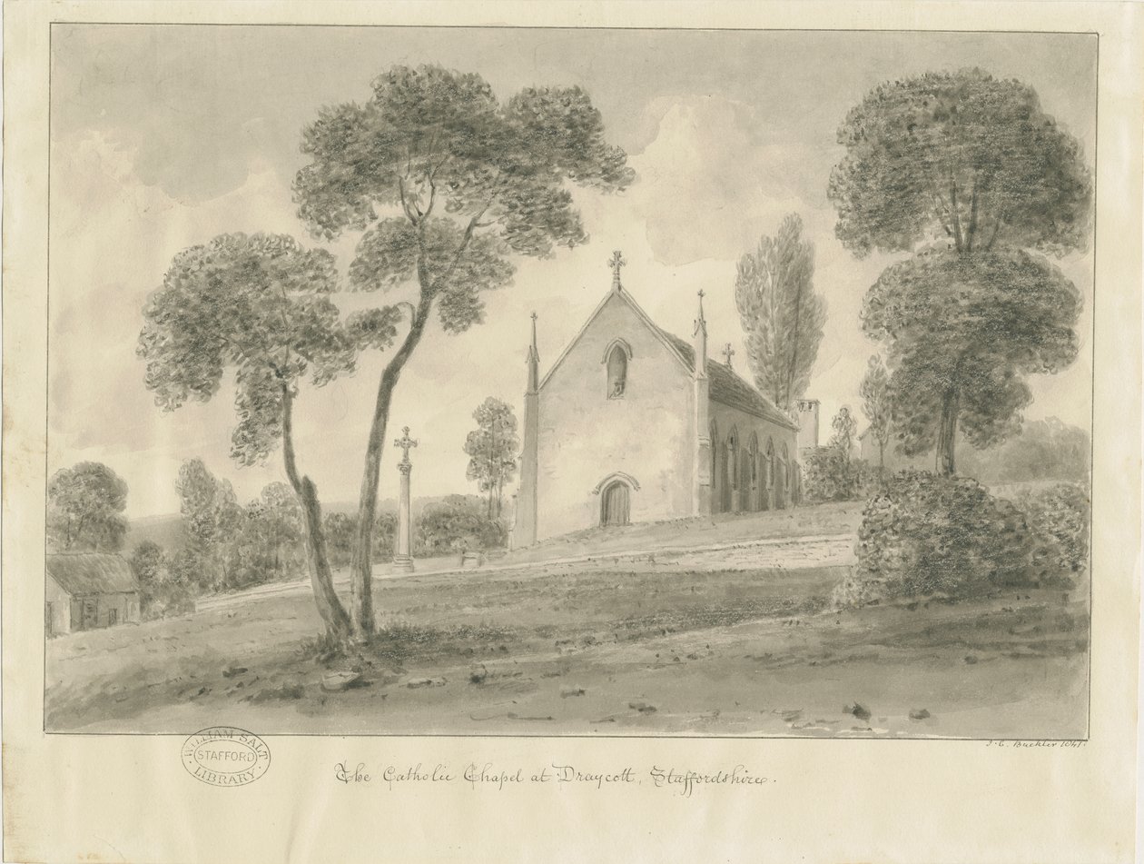 Cresswell - Draycott-in-the-Moorsin katolinen kappeli: seepiapiirustus, 1841 tekijältä John Chessell Buckler