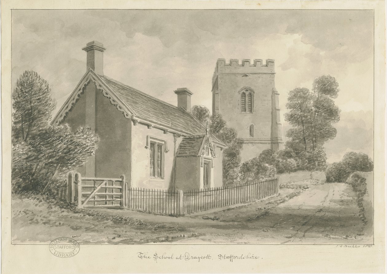 Draycott in the Moors - School: seepiapiirustus, 1841 tekijältä John Chessell Buckler