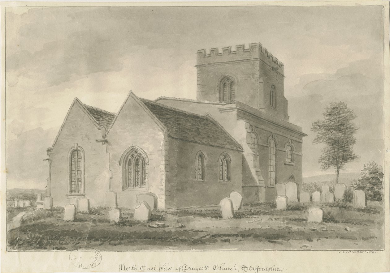 Draycott in the Moors Church: seepiapiirustus, 1841 tekijältä John Chessell Buckler