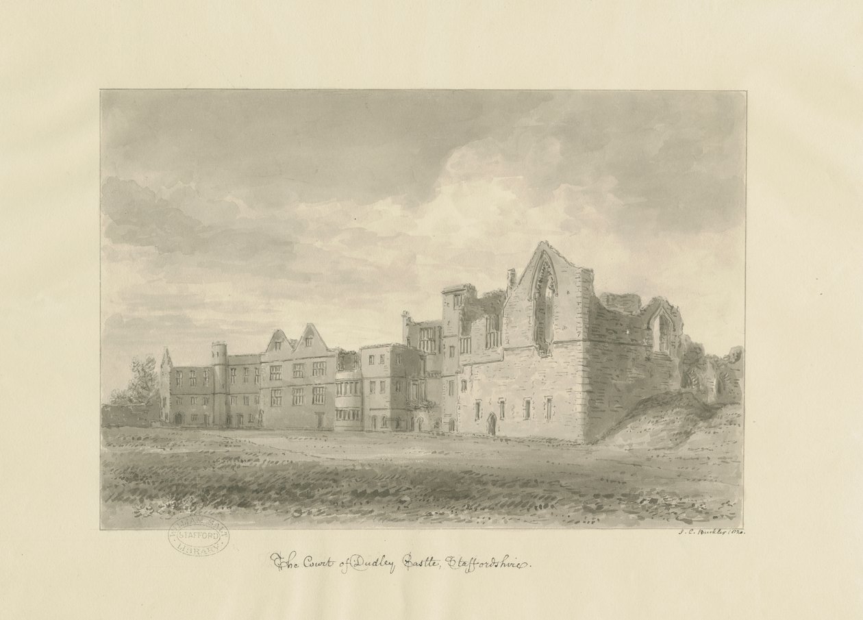 Dudley Castle - Court Yard: seepiapiirros, 1820 tekijältä John Chessell Buckler