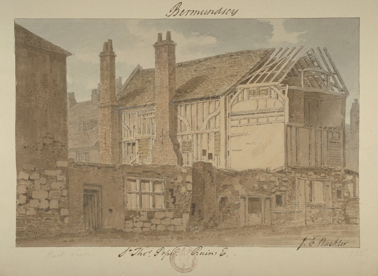 Itänäkymä Bermondsey Housen raunioista, 1838 tekijältä John Chessell Buckler