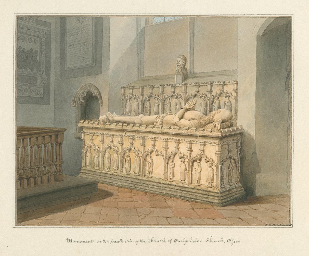 Essex - Earls Colnen kirkko - Monumentti, 1824 tekijältä John Chessell Buckler