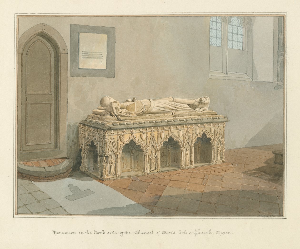 Essex - Earls Colnen kirkko - Monumentti, 1824 tekijältä John Chessell Buckler