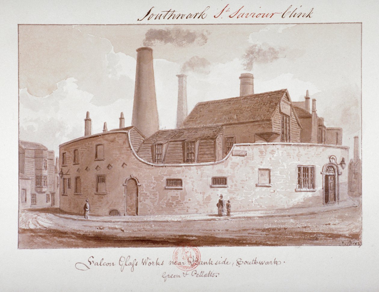 "Falcon Glass Works lähellä Banksidea, Southwark", Lontoo, 1827 tekijältä John Chessell Buckler