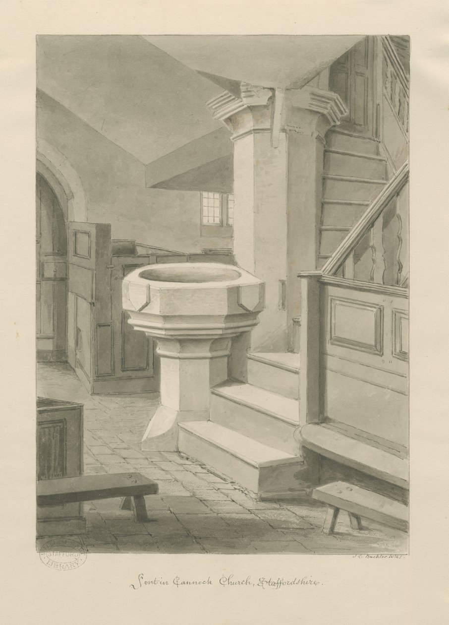 Fontti Cannockin kirkossa: seepiapiirros, 1841 tekijältä John Chessell Buckler