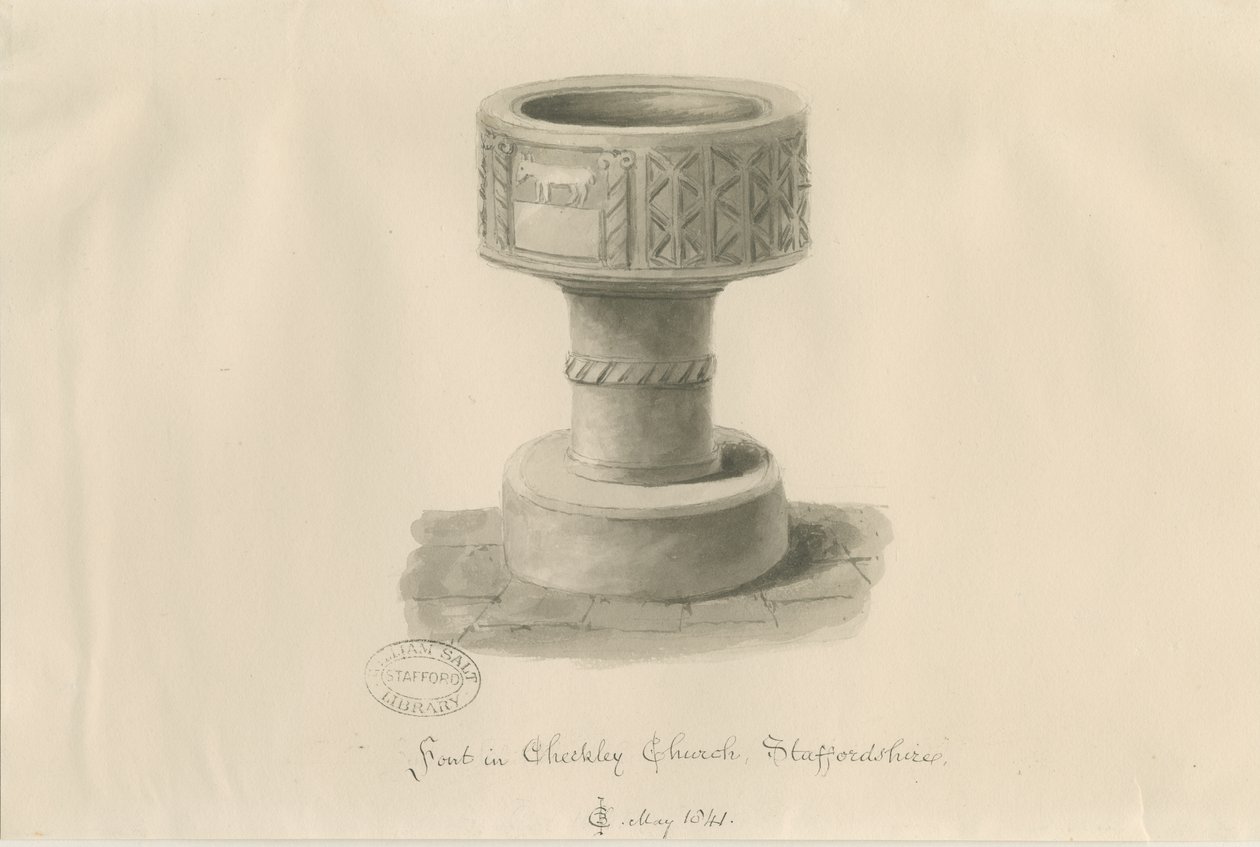 Fontti Checkley Churchissa: seepiapiirros, 1841 tekijältä John Chessell Buckler