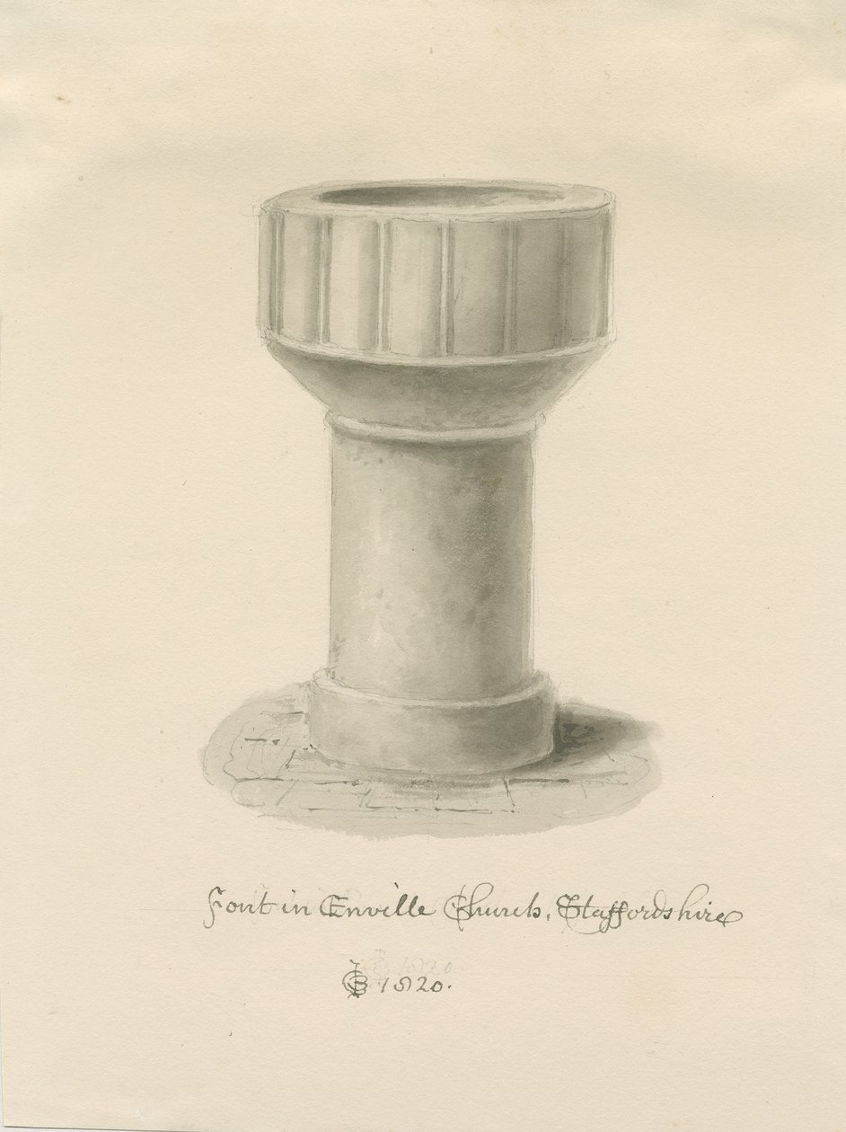 Fontti Envillen kirkossa: seepiapiirros, 1820 tekijältä John Chessell Buckler