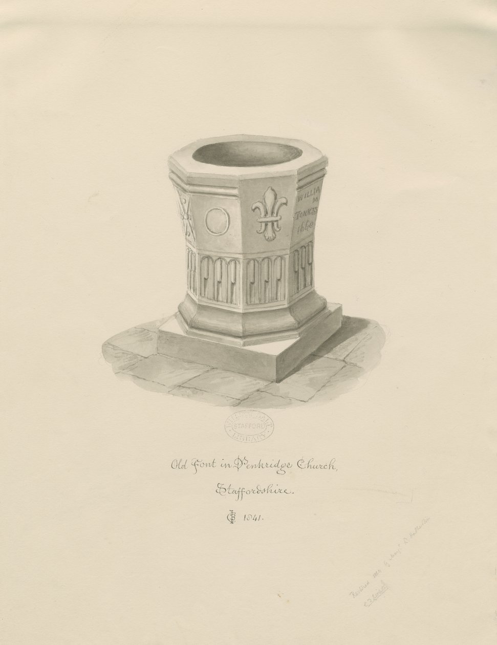 Fontti Penkridge Churchissa: seepiapiirros, 1841 tekijältä John Chessell Buckler
