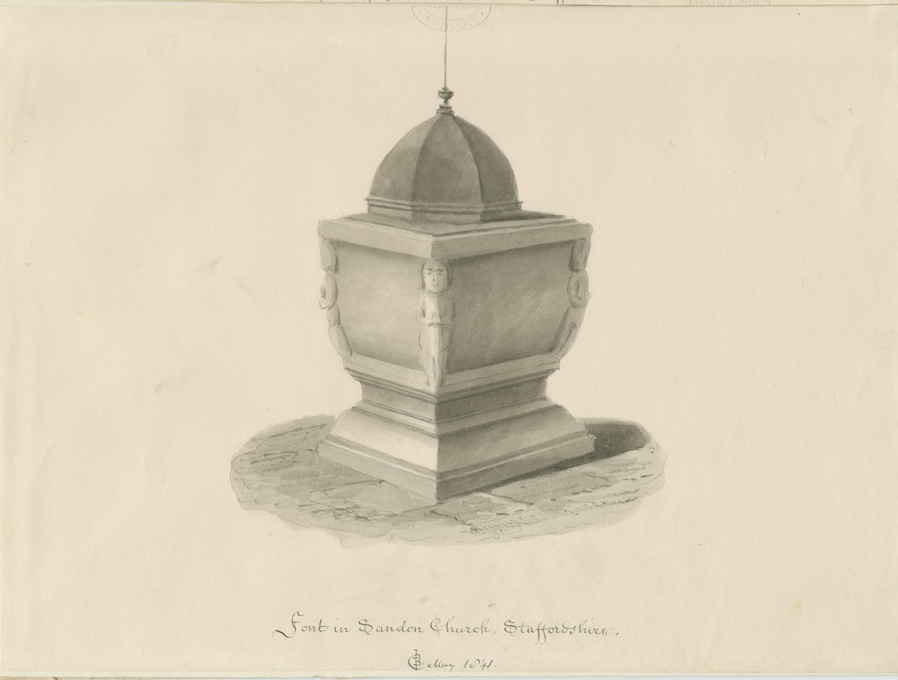Fontti Sandonin kirkossa: seepiapesupiirustus, toukokuu 1841 (piirustus) tekijältä John Chessell Buckler