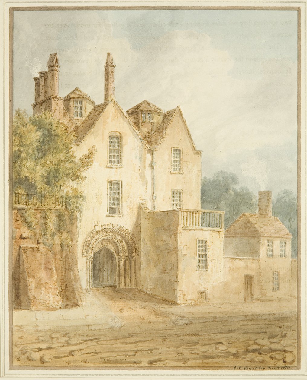 Gateway in Lower College Green (akvarelli kynällä paperilla) tekijältä John Chessell Buckler