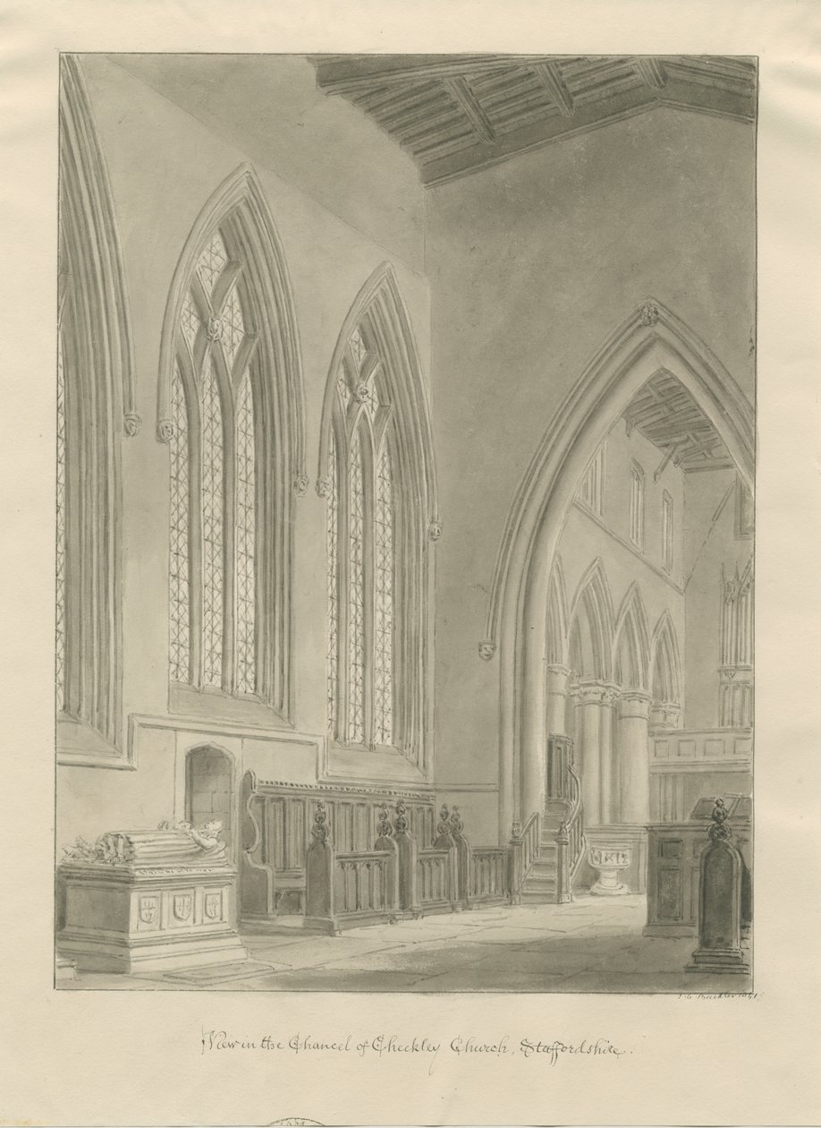 Checkley Churchin sisätilat: seepiapiirustus, 1841 tekijältä John Chessell Buckler
