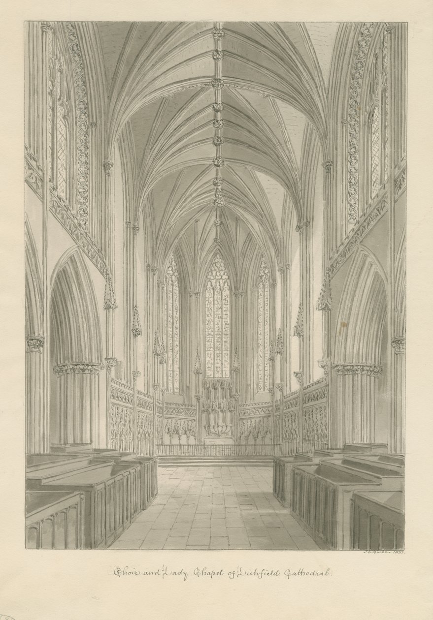 Lichfieldin katedraalin sisustus - Kuoro ja Lady Chapel: seepiapiirustus tekijältä John Chessell Buckler