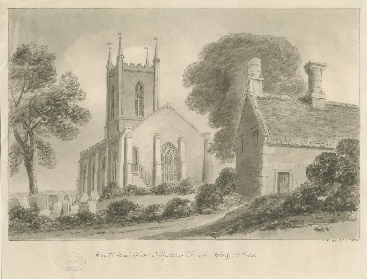Ipstones Church: seepiapiirustus tekijältä John Chessell Buckler