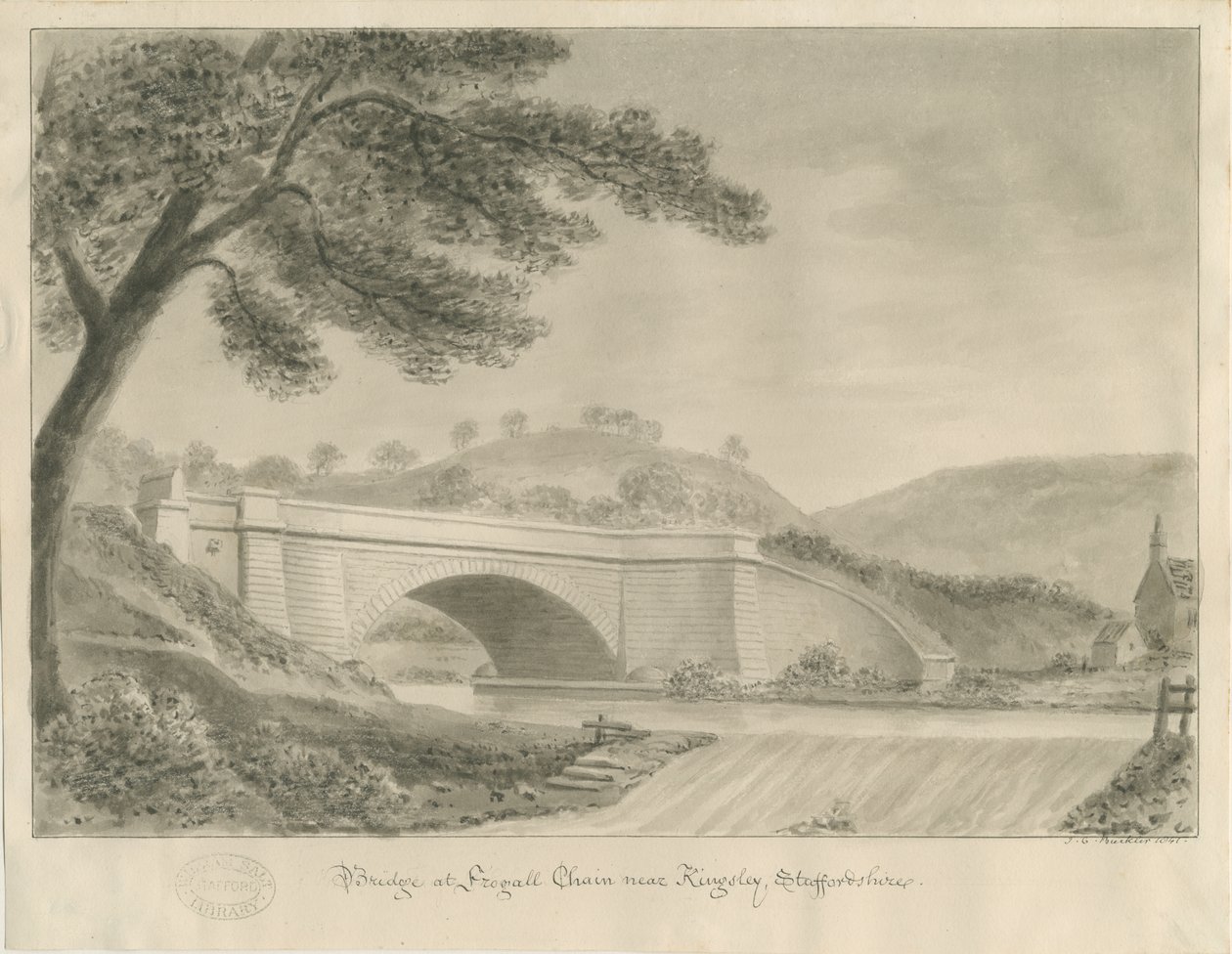 Kingsley - Froghallin silta: seepiapiirros, 1841 tekijältä John Chessell Buckler