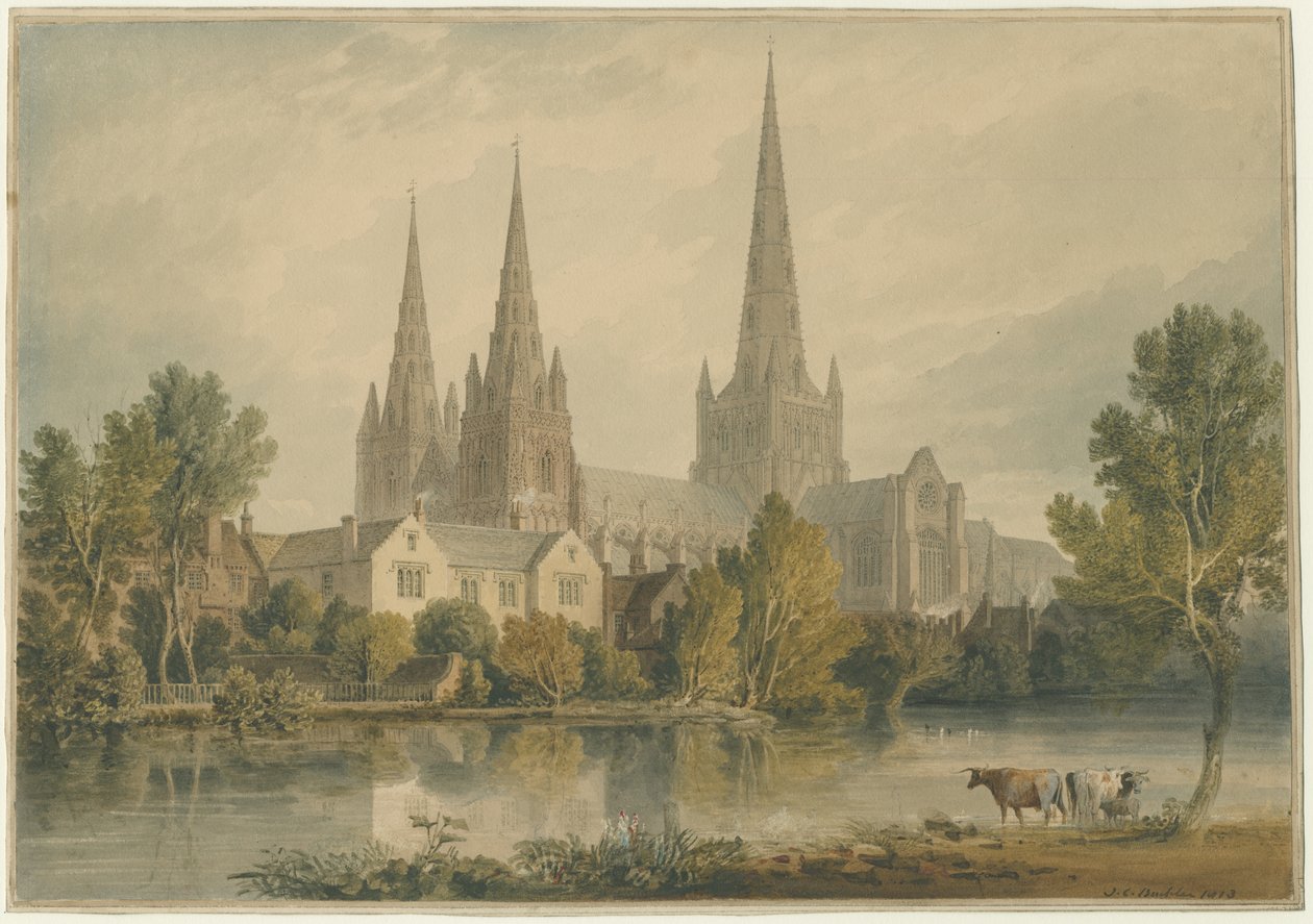 Lichfieldin katedraali - Lounaisnäkymä: akvarellimaalaus, 1813 tekijältä John Chessell Buckler