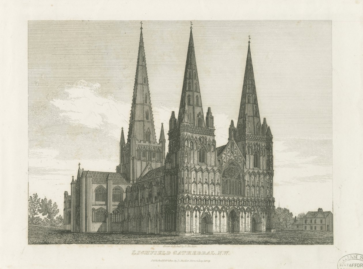 Lichfield Cathedral - West Front: kaiverrus, nd [c 1820] (tulostus) tekijältä John Chessell Buckler