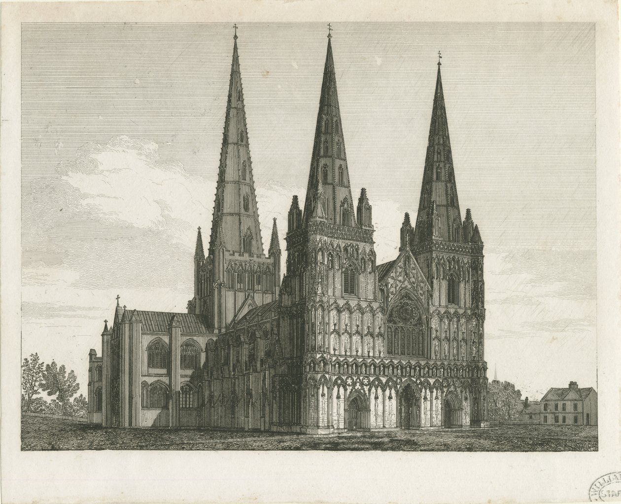 Lichfield Cathedral - West Front: kaiverrus ja [1800-luvun alku] (tulostus) tekijältä John Chessell Buckler