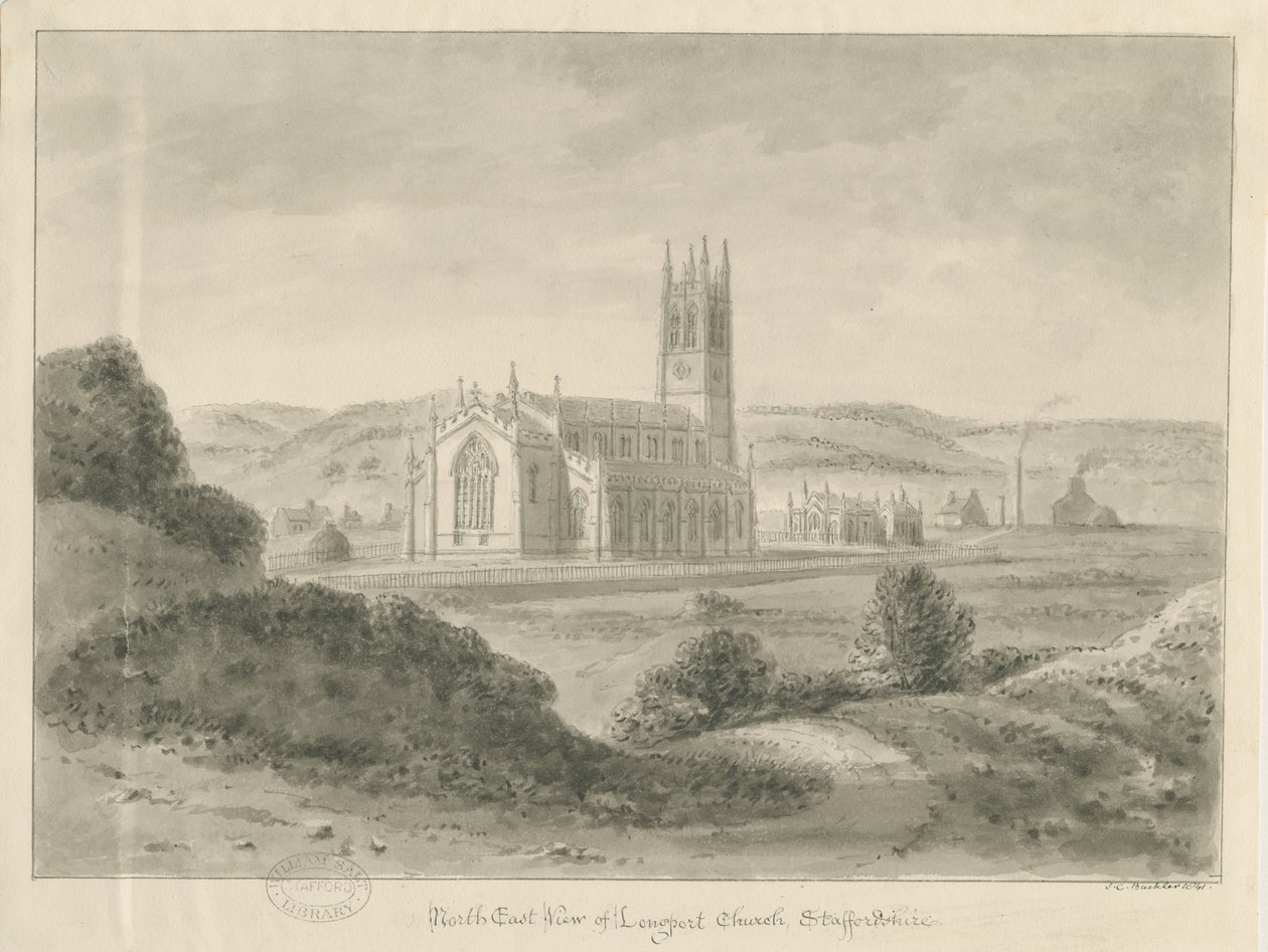 Longport Church - St. Paulin: seepiapiirros, 1841 tekijältä John Chessell Buckler