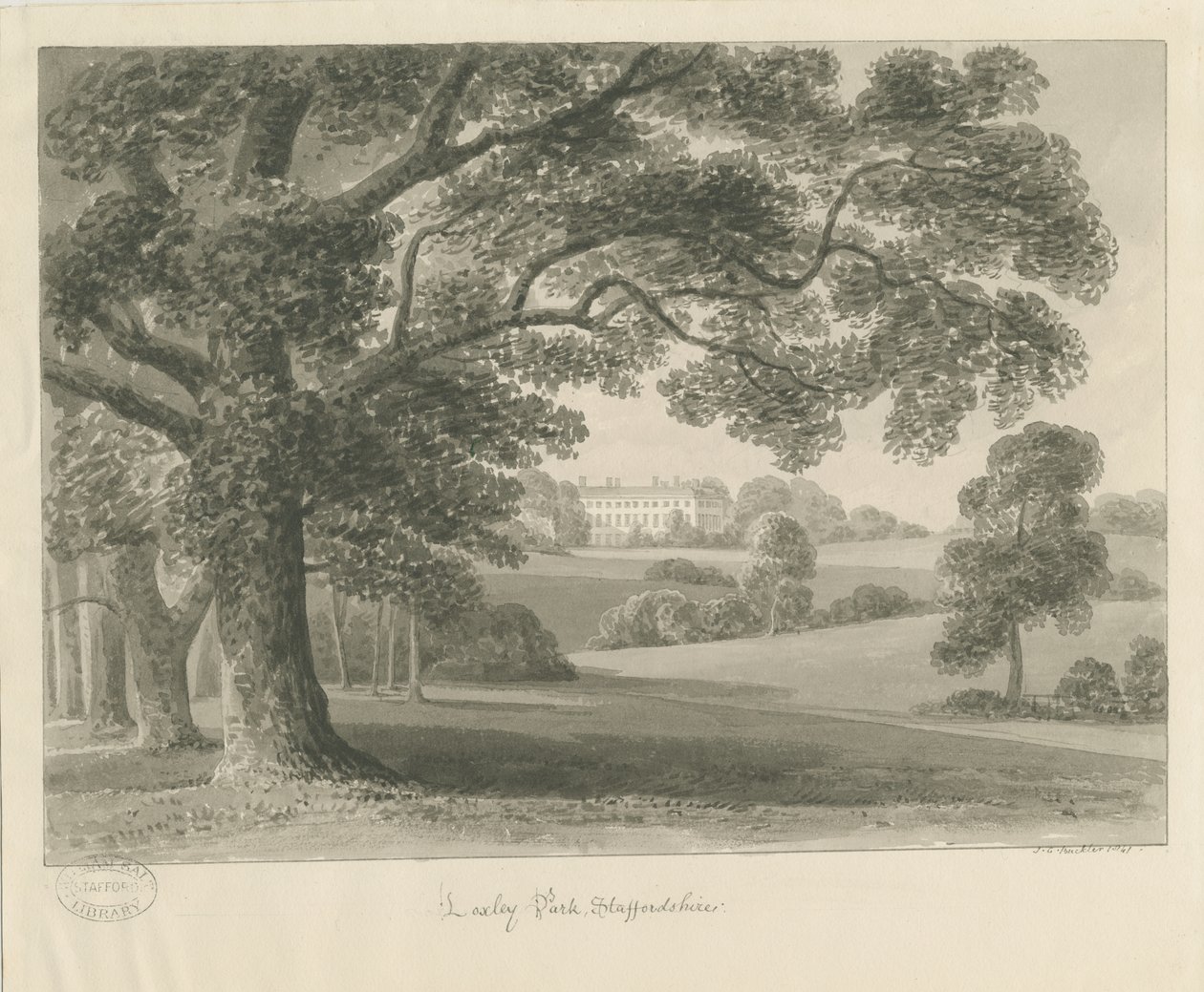 Loxley Park: seepiapiirustus, 1841 tekijältä John Chessell Buckler