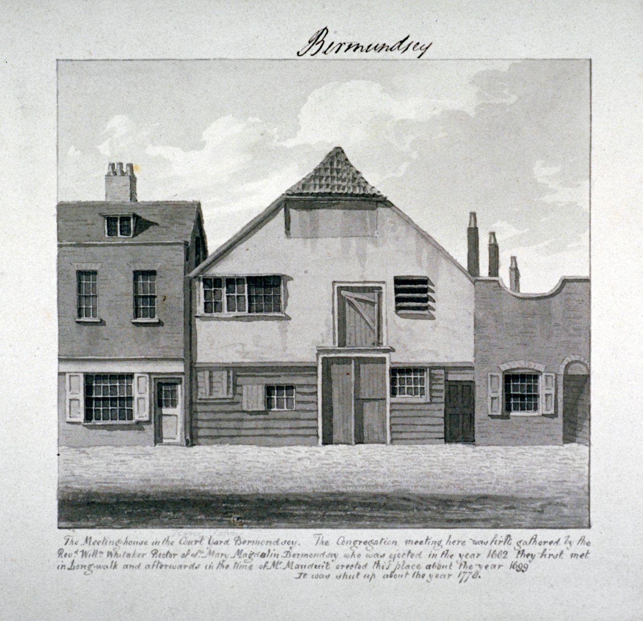 Pyhän Maria Magdalenan kokoushuone Court Yardissa, Bermondsey Square, Lontoo, c1828 tekijältä John Chessell Buckler