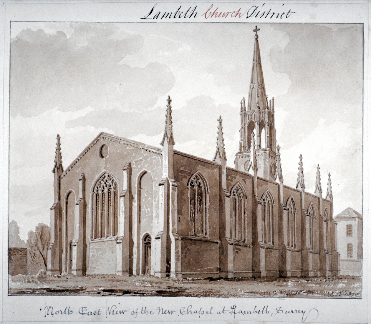 Koillisnäkymä Pyhän Marian kirkolle, Lambeth Butts, Lontoo, 1828 tekijältä John Chessell Buckler