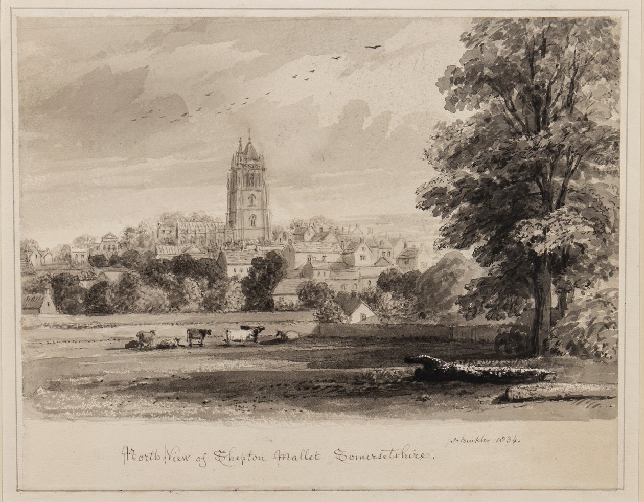 Luoteisnäkymä Shepton Malletista, Somersetshire, 1834 (kynä, sivellin ja muste paperille) tekijältä John Chessell Buckler