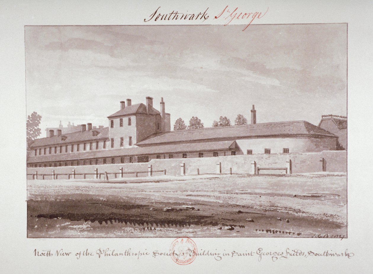 Pohjoinen näkymä Philanthropic Society Institutionista London Roadilla, Southwark, Lontoo, 1827 tekijältä John Chessell Buckler