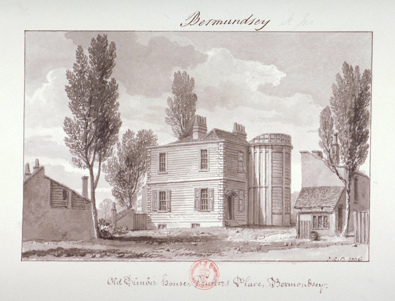"Old Printers House, Printers Place, Bermondsey", Lontoo, 1826 tekijältä John Chessell Buckler