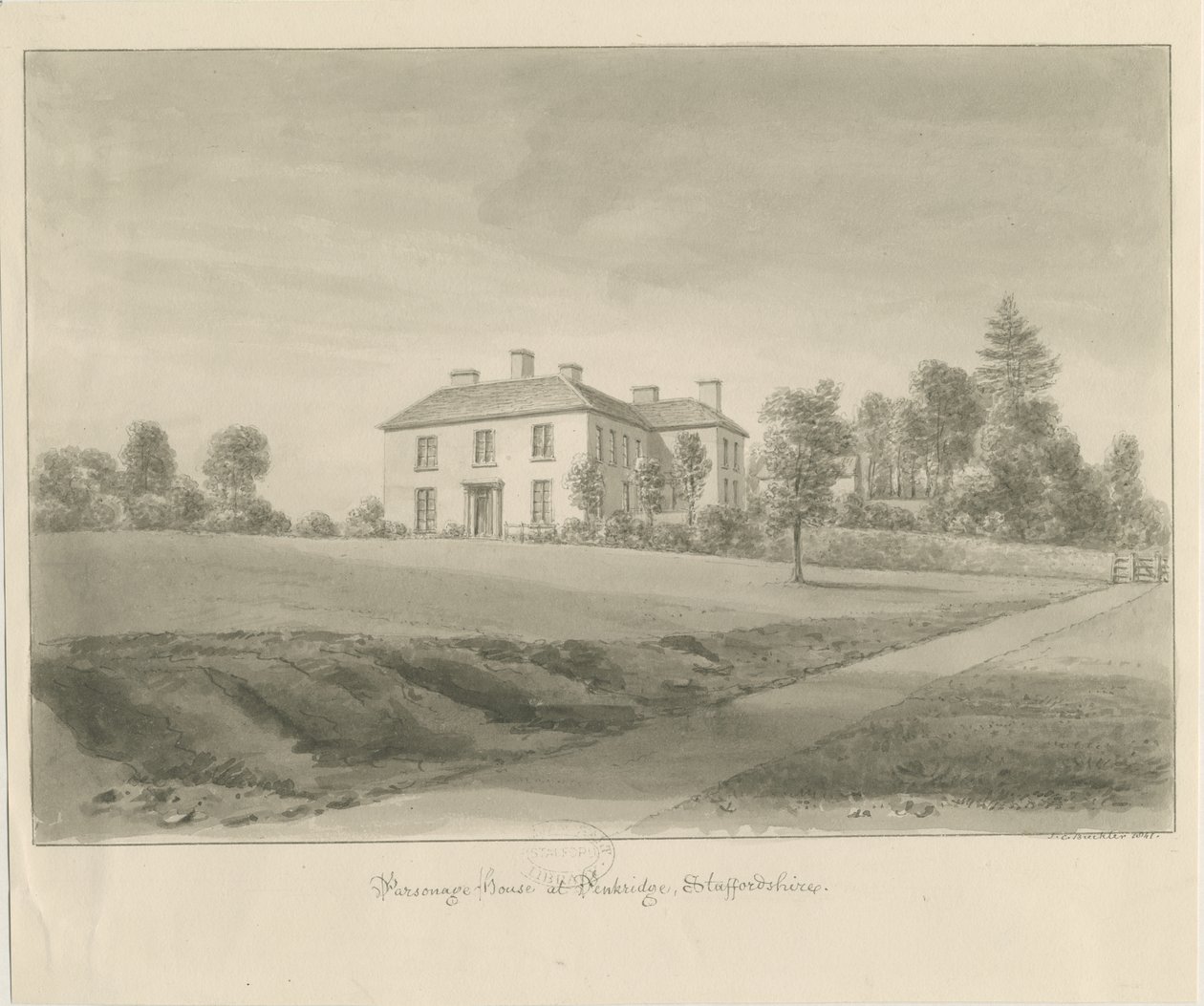 Penkridge - Parsonage House: seepiapiirros tekijältä John Chessell Buckler