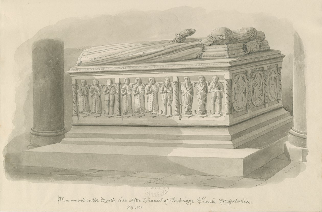 Penkridge Church - [Edward Littletonin] hauta: seepiapiirros tekijältä John Chessell Buckler