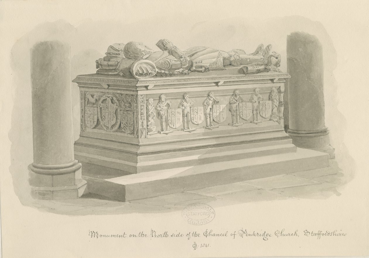 Penkridge Church - [Sir Edward Littletonin] hauta: seepiapiirros tekijältä John Chessell Buckler