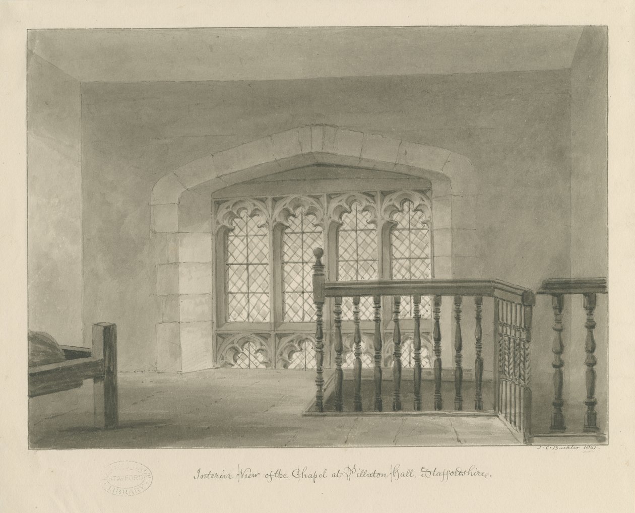 Pillaton Hall - Kappelin sisustus: seepiapiirustus, 1841 tekijältä John Chessell Buckler