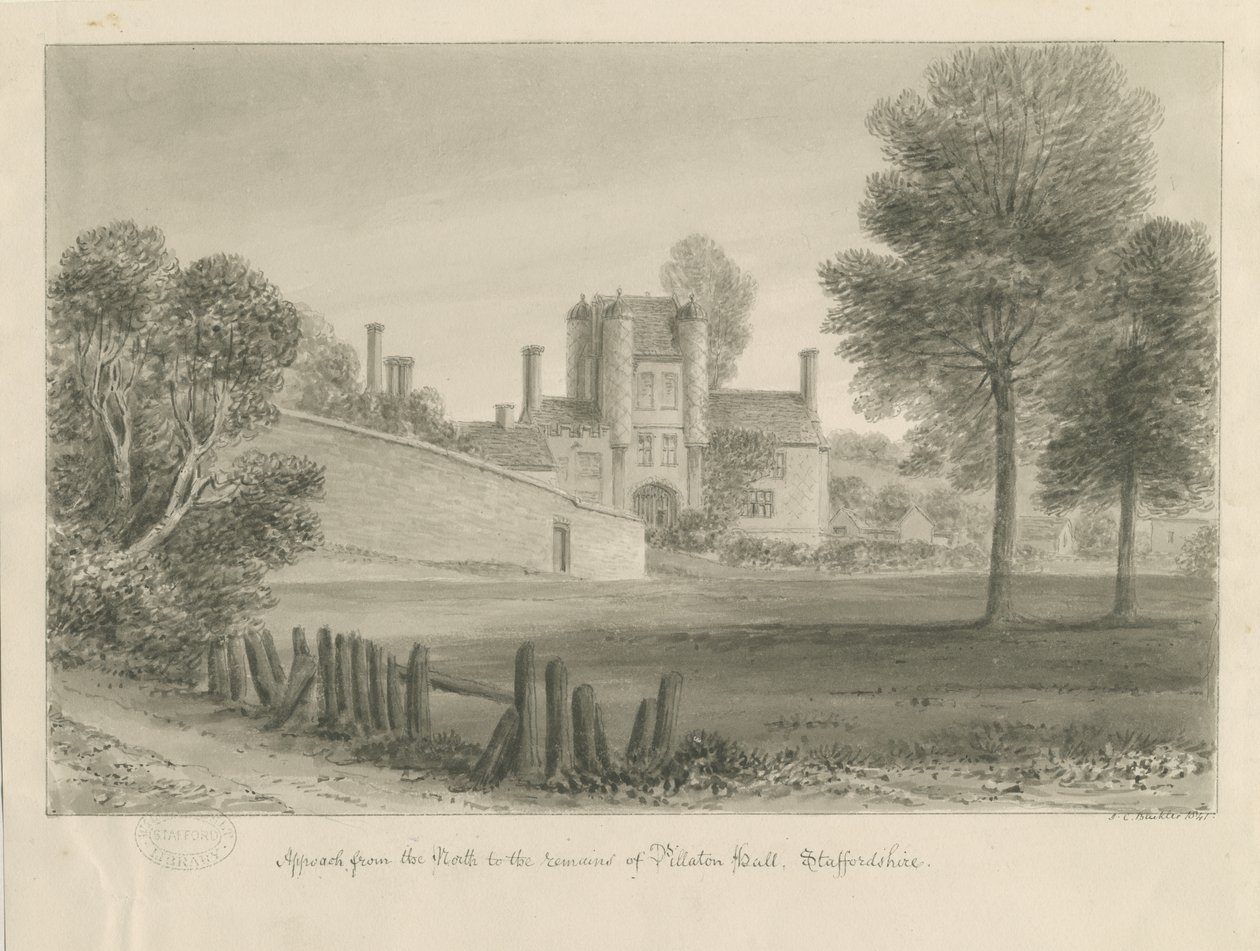Pillaton Hall: sepia drawing tekijältä John Chessell Buckler