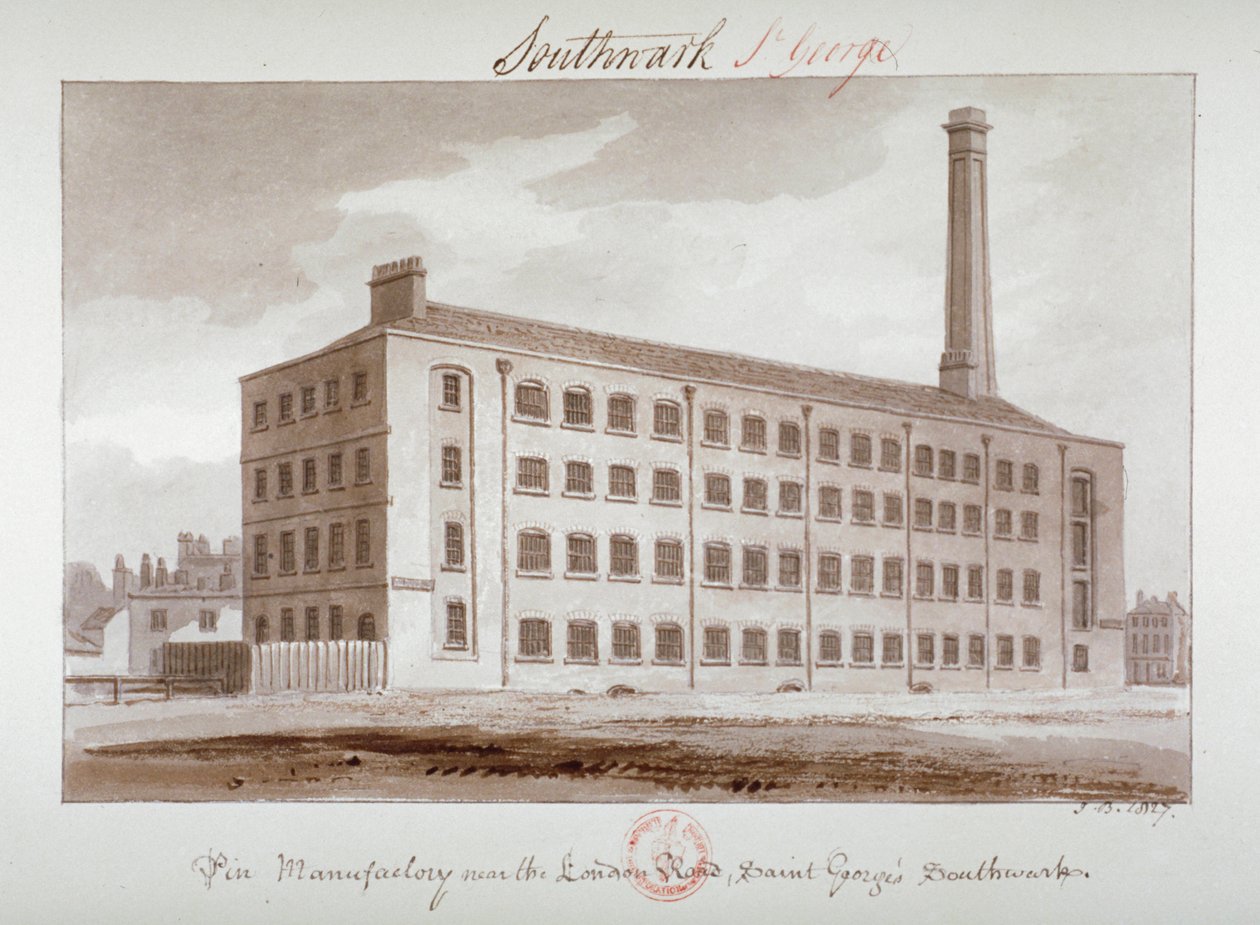 Pin-manufactory lähellä London Roadia, Southwark, Lontoo, 1827 tekijältä John Chessell Buckler