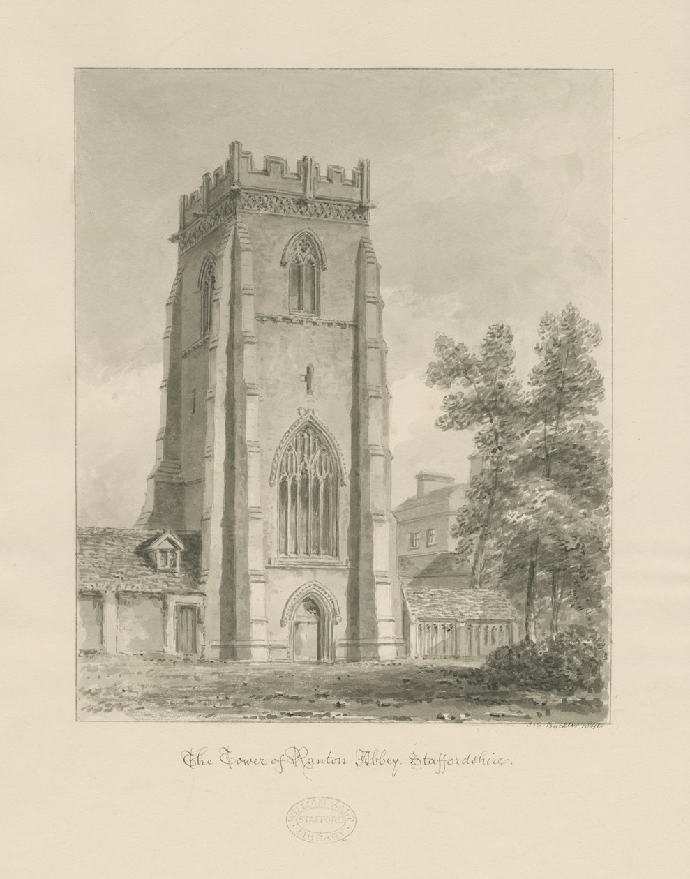 Ranton Abbey [Priory] - Torni: seepiapiirros tekijältä John Chessell Buckler