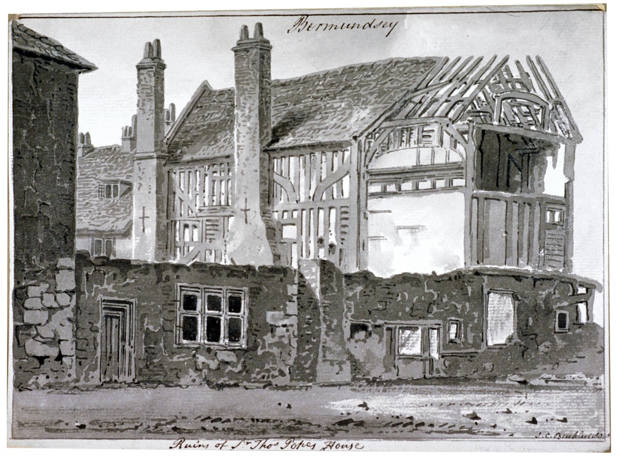 Thomas Popen talon rauniot, Mill Lane, Bermondsey, Lontoo, 1808 tekijältä John Chessell Buckler