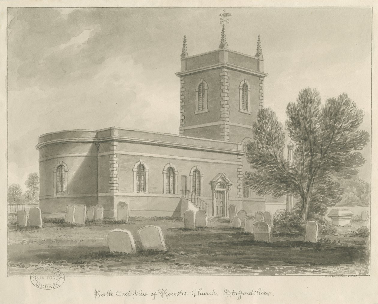 Rocester Church: seepiapiirustus, [1841] (piirustus) tekijältä John Chessell Buckler