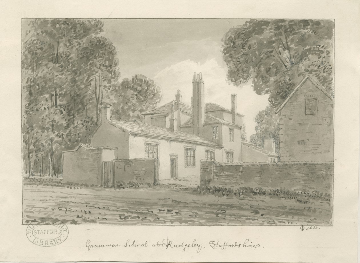 Rugeley Town - Grammar School: seepiapesupiirustus, 1824 tekijältä John Chessell Buckler