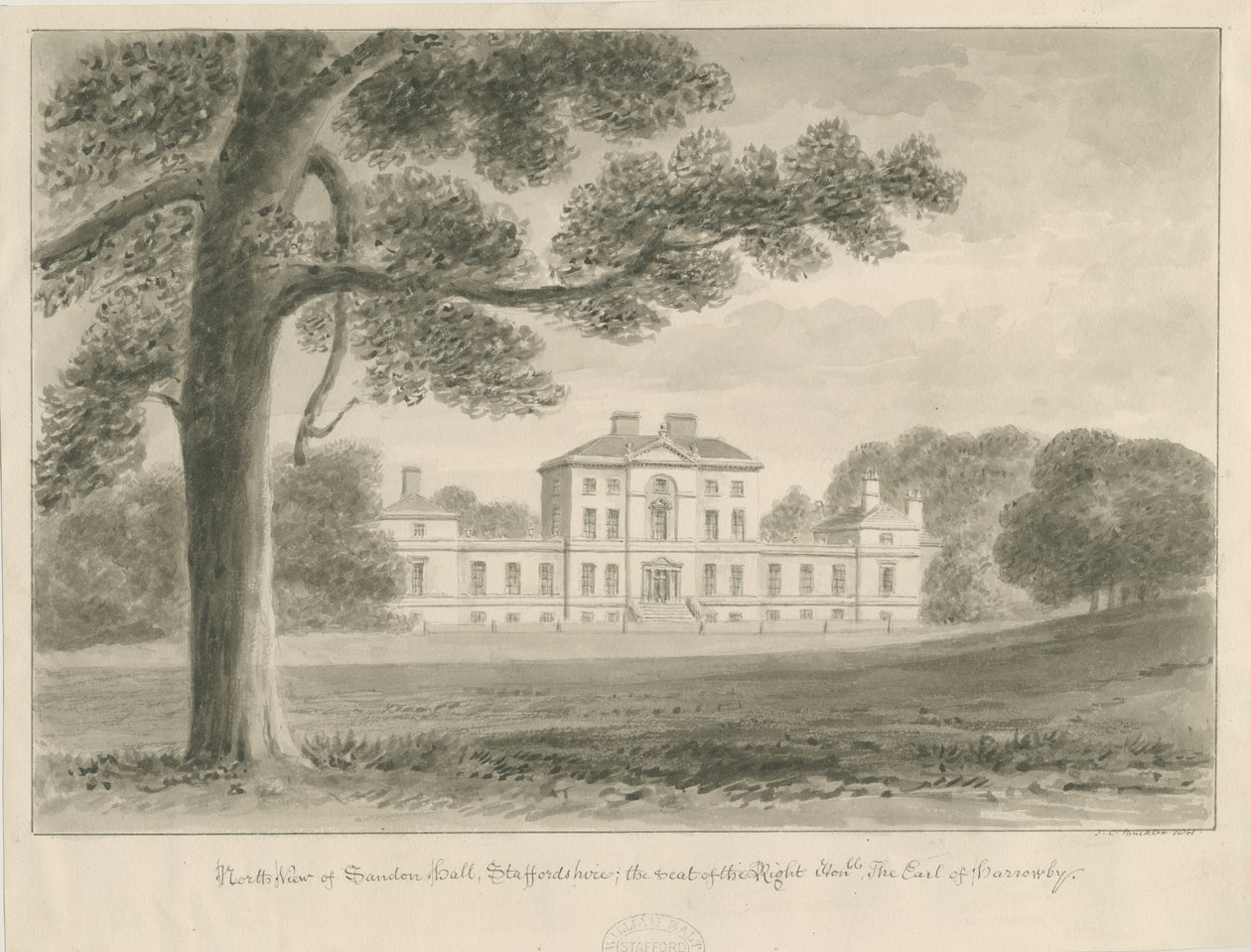 Sandon Hall: seepiapesupiirustus tekijältä John Chessell Buckler