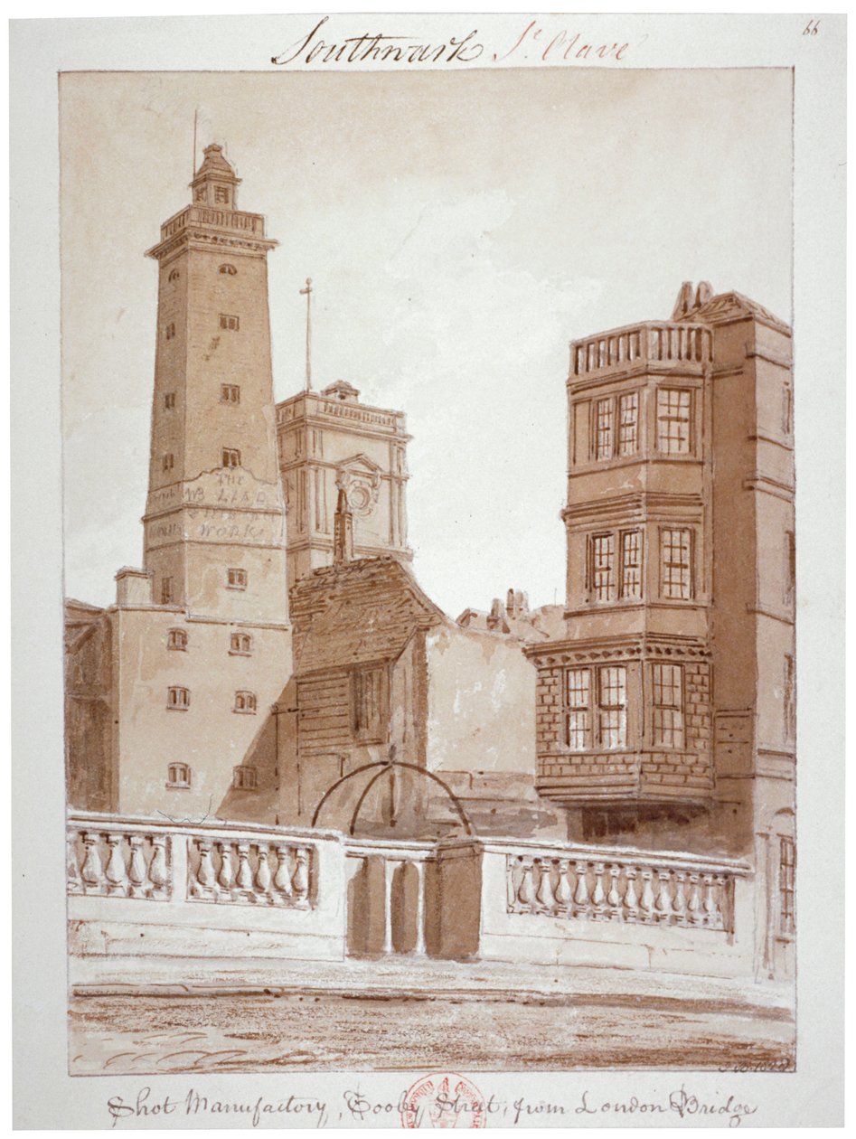 "Shot Manufactory, Tooley Street, London Bridgestä", Bermondsey, Lontoo, 1828 tekijältä John Chessell Buckler