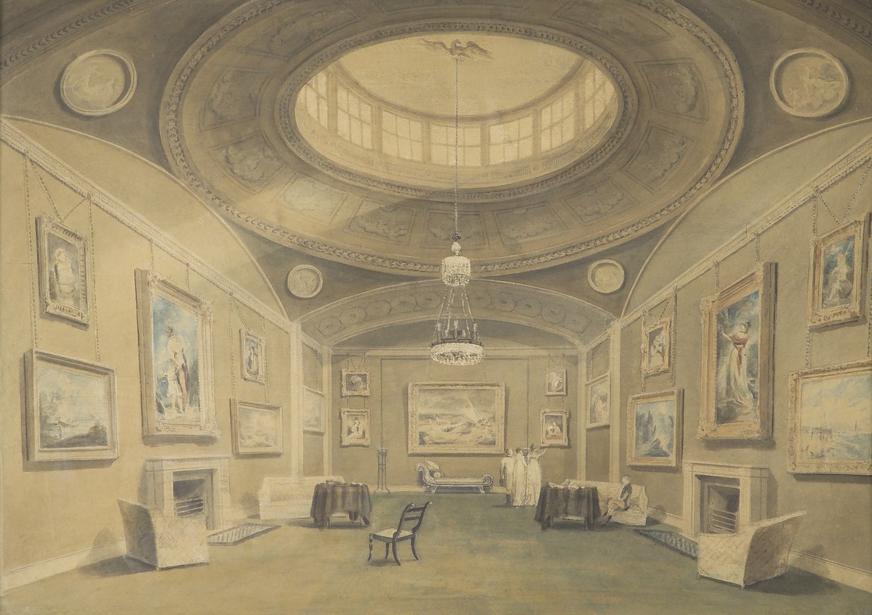 Luonnos brittiläisten taiteilijoiden Sir John Leicesters Gallery of Picturesista, Hill Street, Berkley Square, 1806 (kynä ja pesu paperille) tekijältä John Chessell Buckler
