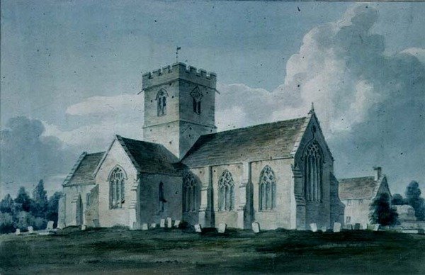 Kaakkoisnäkymä Dintonin kirkolle, 1805 tekijältä John Chessell Buckler