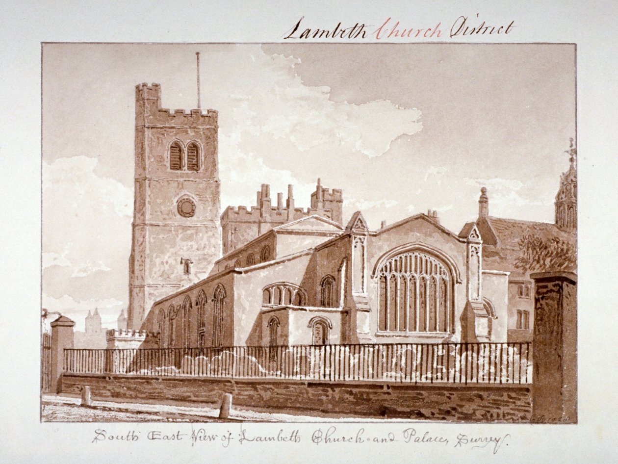 Kaakkoisnäkymä Pyhän Marian kirkolle, Lambeth, Lontoo, 1828. tekijältä John Chessell Buckler