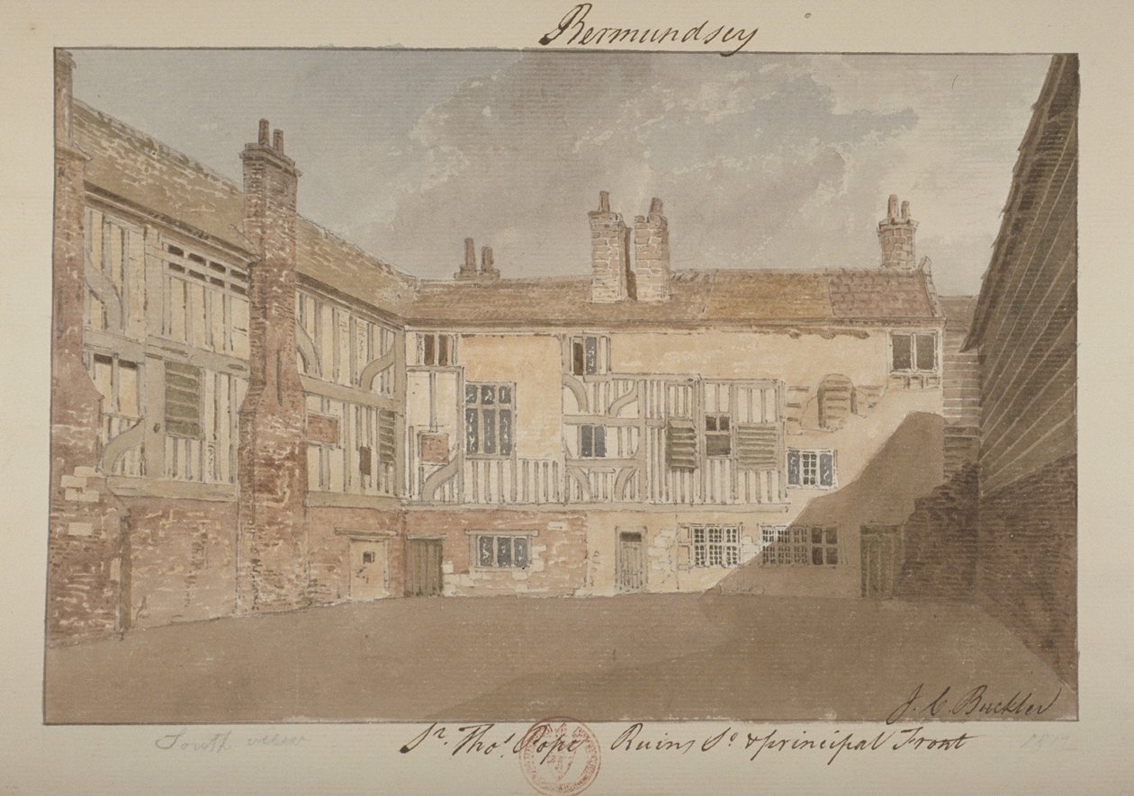 Etelänäkymä Bermondsey Housen raunioista, 1827 tekijältä John Chessell Buckler