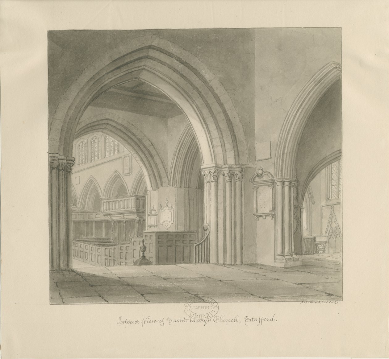 Stafford - Pyhän Marian kirkon sisustus: seepiapiirros, 1841 tekijältä John Chessell Buckler