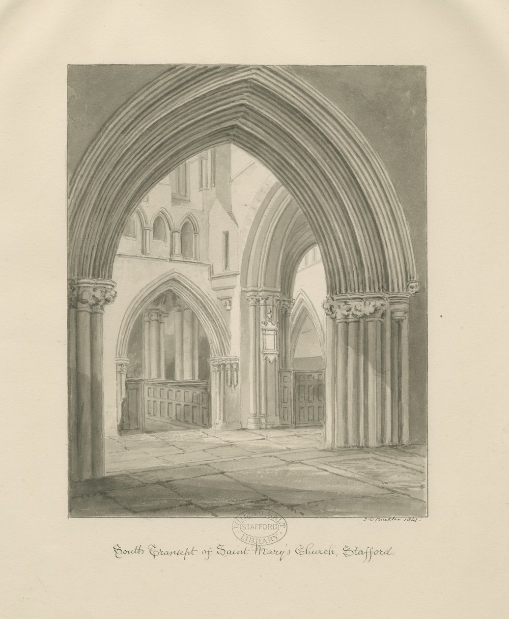 Stafford - Pyhän Marian kirkon sisustus: seepiapiirros, 1841 tekijältä John Chessell Buckler